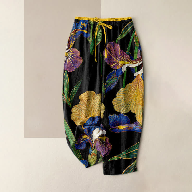 Buddha Stones Pantaloni da donna in cotone con elastico in vita e coulisse, fantasia floreale a iris colorata, con tasche. - Nero - US16, UK/AU20, EU48 (3XL) - image 0