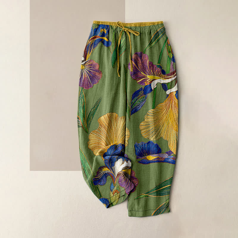 Buddha Stones Pantaloni da donna in cotone con elastico in vita e coulisse, fantasia floreale a iris colorata, con tasche. - Verde oliva - US16, UK/AU20, EU48 (3XL) - image 4