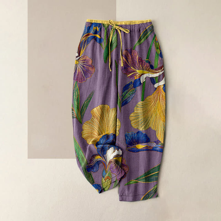 Buddha Stones Pantaloni da donna in cotone con elastico in vita e coulisse, fantasia floreale a iris colorata, con tasche. - Orchidea media - US16, UK/AU20, EU48 (3XL) - image 5
