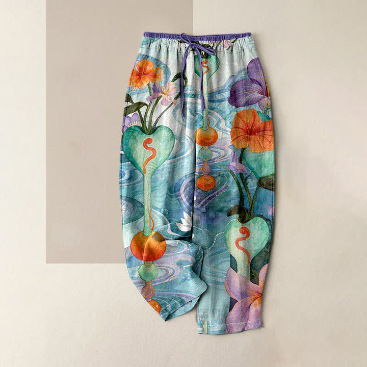 Buddha Stones Pantaloni da donna in cotone con coulisse in vita e motivo floreale, con tasche. - Turchese medio - US16, UK/AU20, EU48 (3XL) - image 0