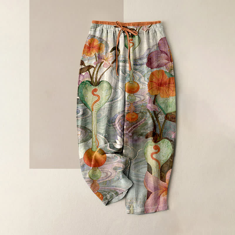 Buddha Stones Pantaloni da donna in cotone con coulisse in vita e motivo floreale, con tasche. - Verde Mare Scuro - US16, UK/AU20, EU48 (3XL) - image 3