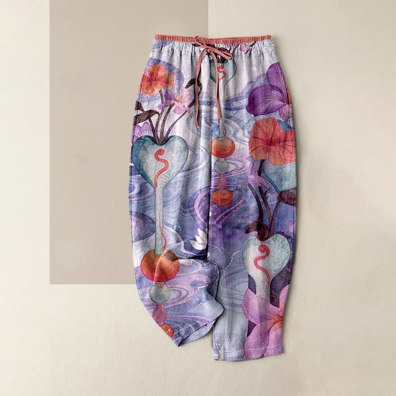 Buddha Stones Pantaloni da donna in cotone con coulisse in vita e motivo floreale, con tasche. - Orchidea media - US16, UK/AU20, EU48 (3XL) - image 4