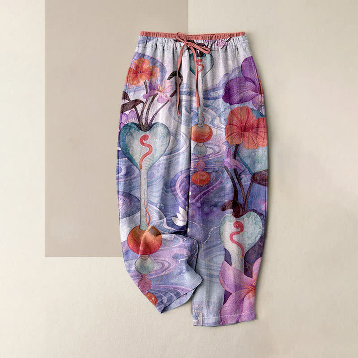 Buddha Stones Pantaloni da donna in cotone con coulisse in vita e motivo floreale, con tasche. - Orchidea media - US16, UK/AU20, EU48 (3XL) - image 4
