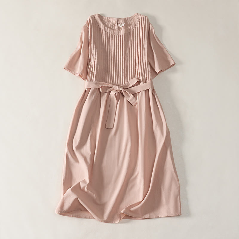 Buddha Stones Abito estivo da donna a trapezio, lunghezza al ginocchio, con maniche corte e fiocco in vita, con pieghe. - Rosa chiaro - US12, UK/AU16, EU44 (2XL) - image 0