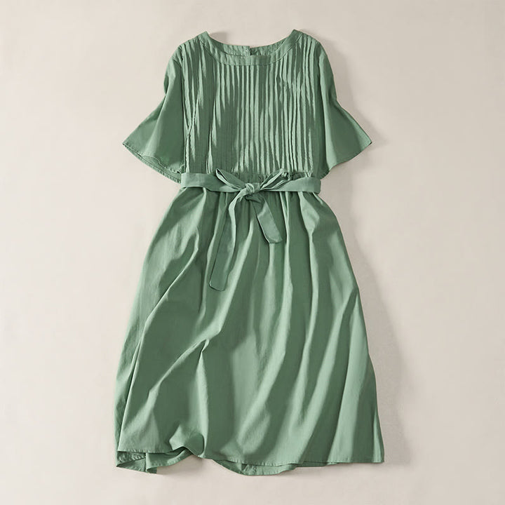 Buddha Stones Abito estivo da donna a trapezio, lunghezza al ginocchio, con maniche corte e fiocco in vita, con pieghe. - Verde Mare Scuro - US12, UK/AU16, EU44 (2XL) - image 8