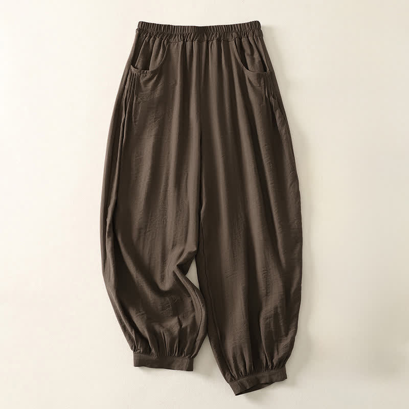 Buddha Stones Pantaloni capri harem da donna estivi a tinta unita con elastico in vita. - Marrone sella - US8-10, UK/AU12-14, EU40-42 (2XL) - image 0