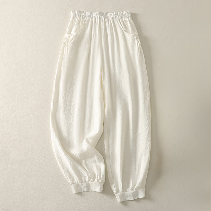 Buddha Stones Pantaloni capri harem da donna estivi a tinta unita con elastico in vita. - Bianco antico - US8-10, UK/AU12-14, EU40-42 (2XL) - image 8