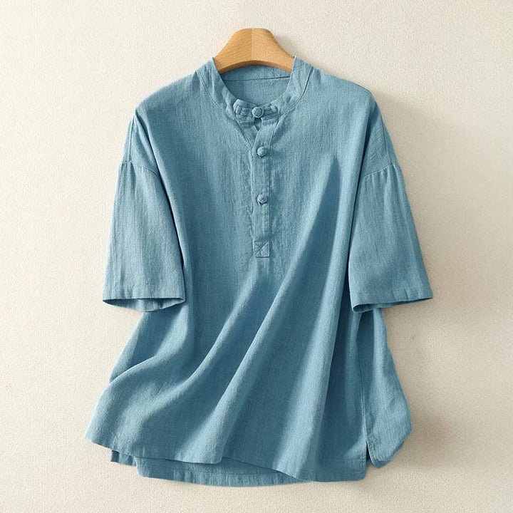 Buddha Stones Camicia da donna estiva a maniche corte in cotone con colletto alla coreana e bottoni. - Azzurro chiaro - US8-10, UK/AU12-14, EU40-42 (2XL) - image 0