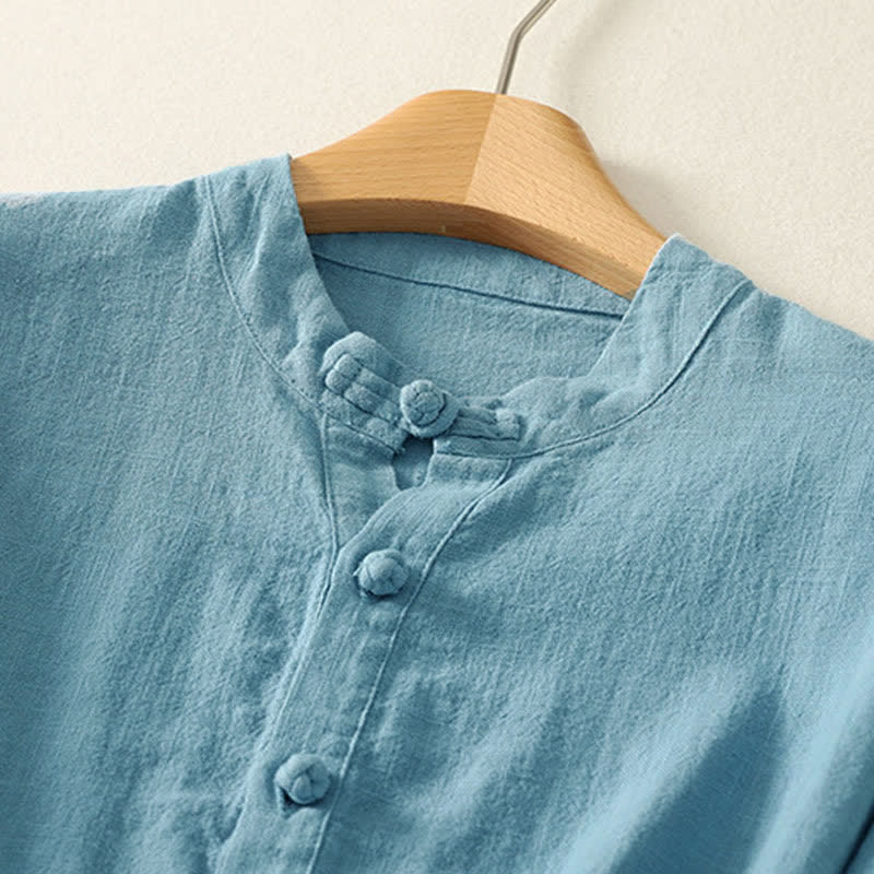Buddha Stones Camicia da donna estiva a maniche corte in cotone con colletto alla coreana e bottoni. - image 1