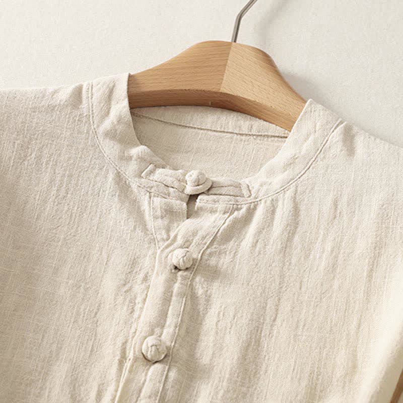 Buddha Stones Camicia da donna estiva a maniche corte in cotone con colletto alla coreana e bottoni. - image 7