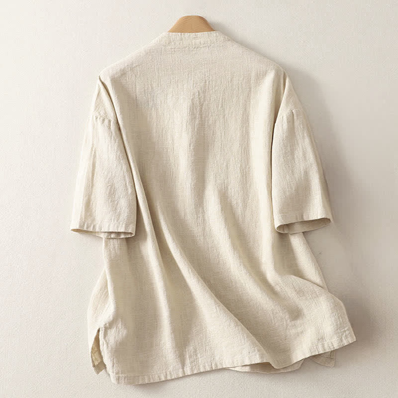 Buddha Stones Camicia da donna estiva a maniche corte in cotone con colletto alla coreana e bottoni. - image 6
