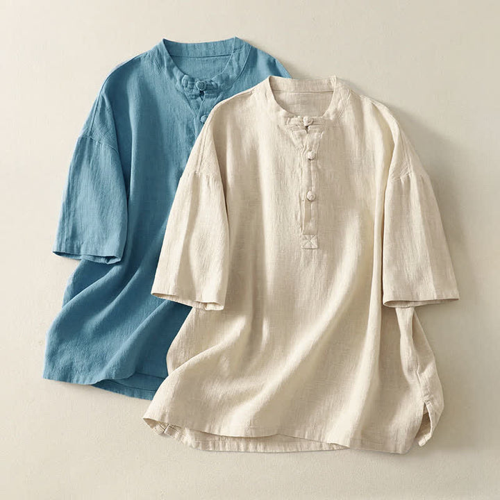Buddha Stones Camicia da donna estiva a maniche corte in cotone con colletto alla coreana e bottoni. - image 15