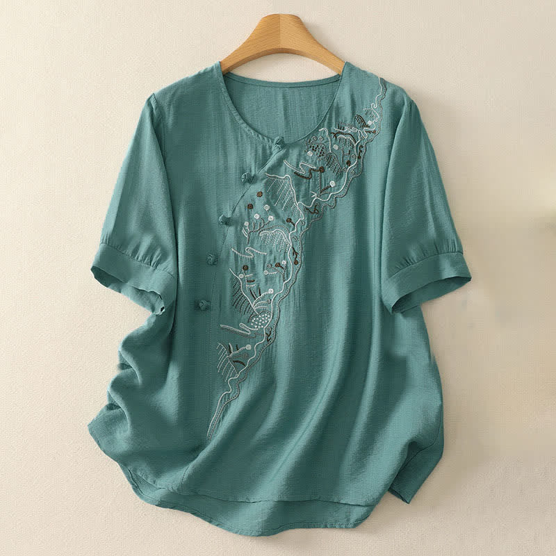 Buddha Stones Camicia da donna a maniche corte con scollo rotondo e ricamo "Summer Mountain". - Verde Mare Chiaro - US12, UK/AU16, EU44 (3XL) - image 0