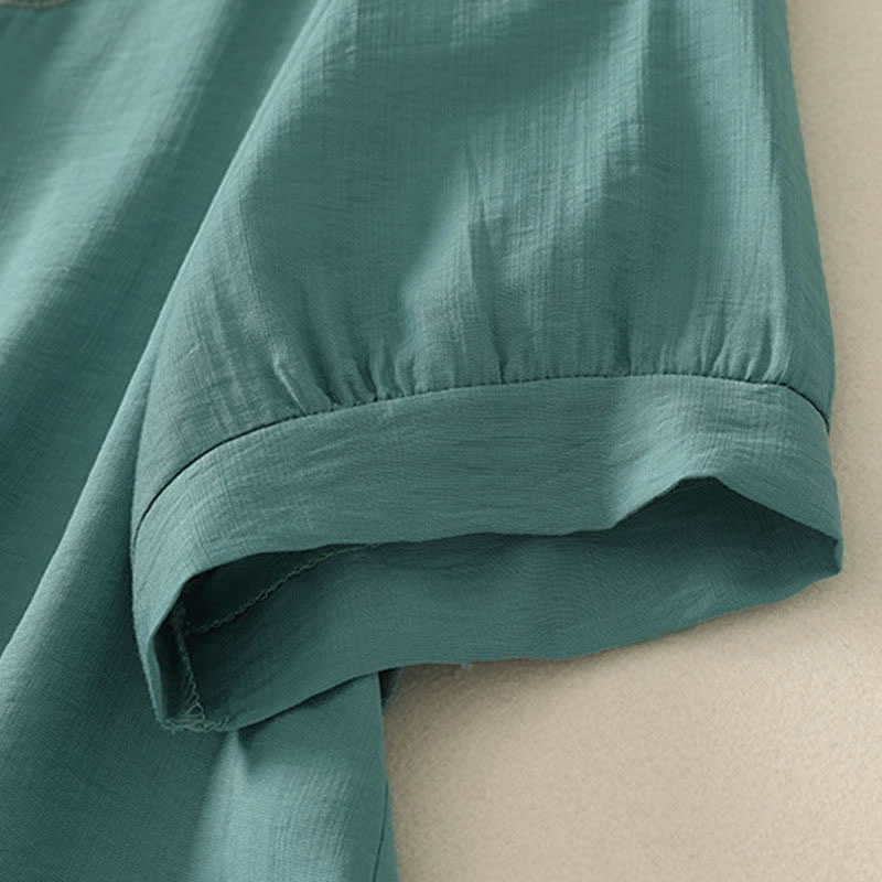 Buddha Stones Camicia da donna a maniche corte con scollo rotondo e ricamo "Summer Mountain". - image 6