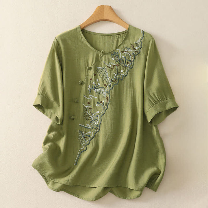 Buddha Stones Camicia da donna a maniche corte con scollo rotondo e ricamo "Summer Mountain". - GialloVerde - US12, UK/AU16, EU44 (3XL) - image 10