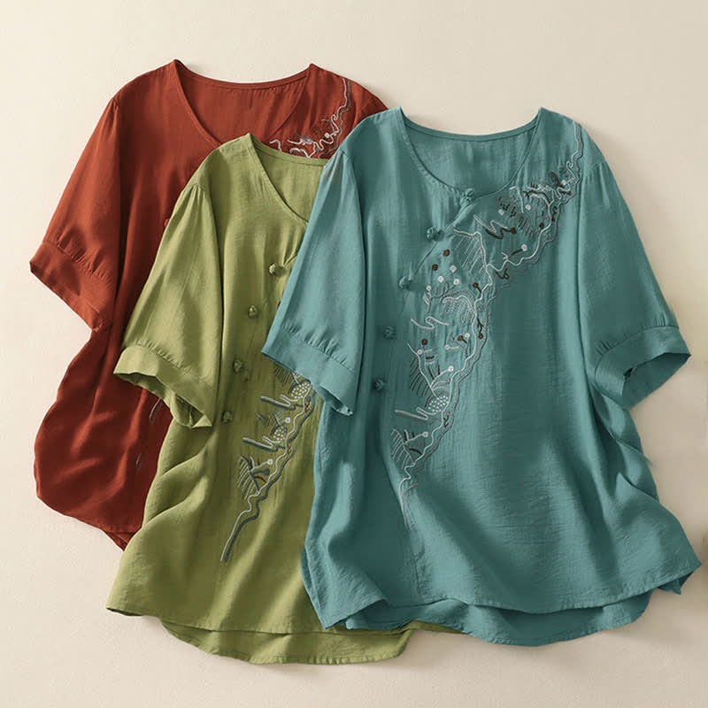Buddha Stones Camicia da donna a maniche corte con scollo rotondo e ricamo "Summer Mountain". - image 20