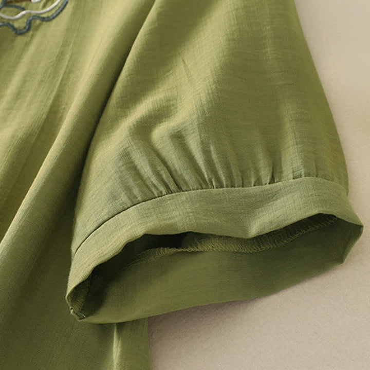 Buddha Stones Camicia da donna a maniche corte con scollo rotondo e ricamo "Summer Mountain". - image 13