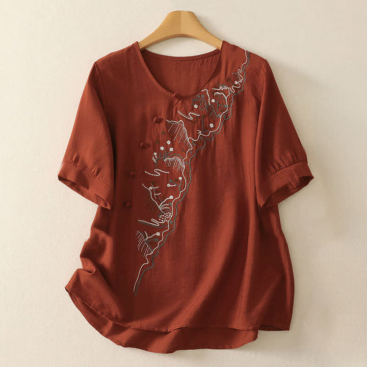 Buddha Stones Camicia da donna a maniche corte con scollo rotondo e ricamo "Summer Mountain". - FireBrick - US12, UK/AU16, EU44 (3XL) - image 15