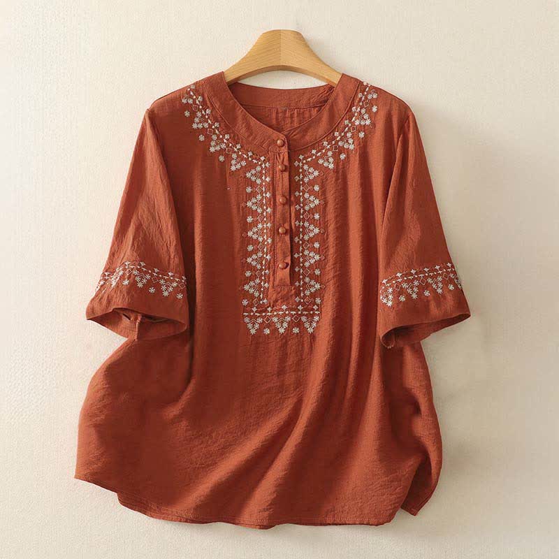 Buddha Stones Camicia da donna a maniche corte in cotone con mezzo bottone e ricami, ideale per la primavera. - Pomodoro - US8-10, UK/AU12-14, EU40-42 (2XL) - image 0