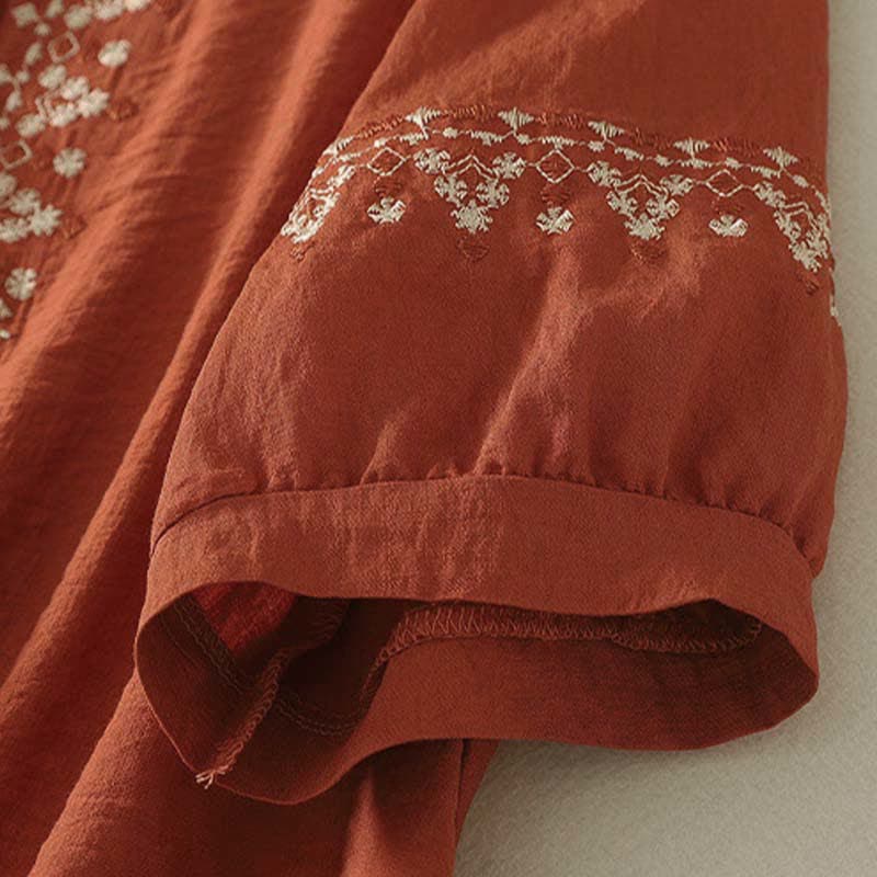 Buddha Stones Camicia da donna a maniche corte in cotone con mezzo bottone e ricami, ideale per la primavera. - image 3
