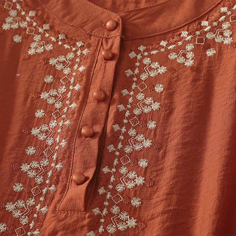 Buddha Stones Camicia da donna a maniche corte in cotone con mezzo bottone e ricami, ideale per la primavera. - image 2