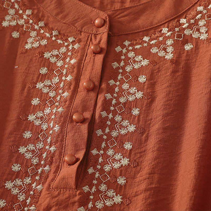 Buddha Stones Camicia da donna a maniche corte in cotone con mezzo bottone e ricami, ideale per la primavera. - image 2