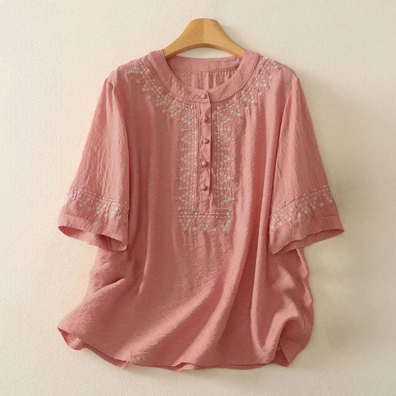 Buddha Stones Camicia da donna a maniche corte in cotone con mezzo bottone e ricami, ideale per la primavera. - Salmone scuro - US8-10, UK/AU12-14, EU40-42 (2XL) - image 5