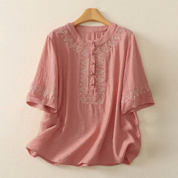 Buddha Stones Camicia da donna a maniche corte in cotone con mezzo bottone e ricami, ideale per la primavera. - Salmone scuro - US8-10, UK/AU12-14, EU40-42 (2XL) - image 5