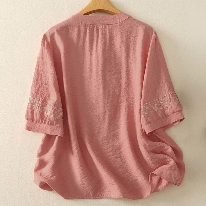 Buddha Stones Camicia da donna a maniche corte in cotone con mezzo bottone e ricami, ideale per la primavera. - image 6