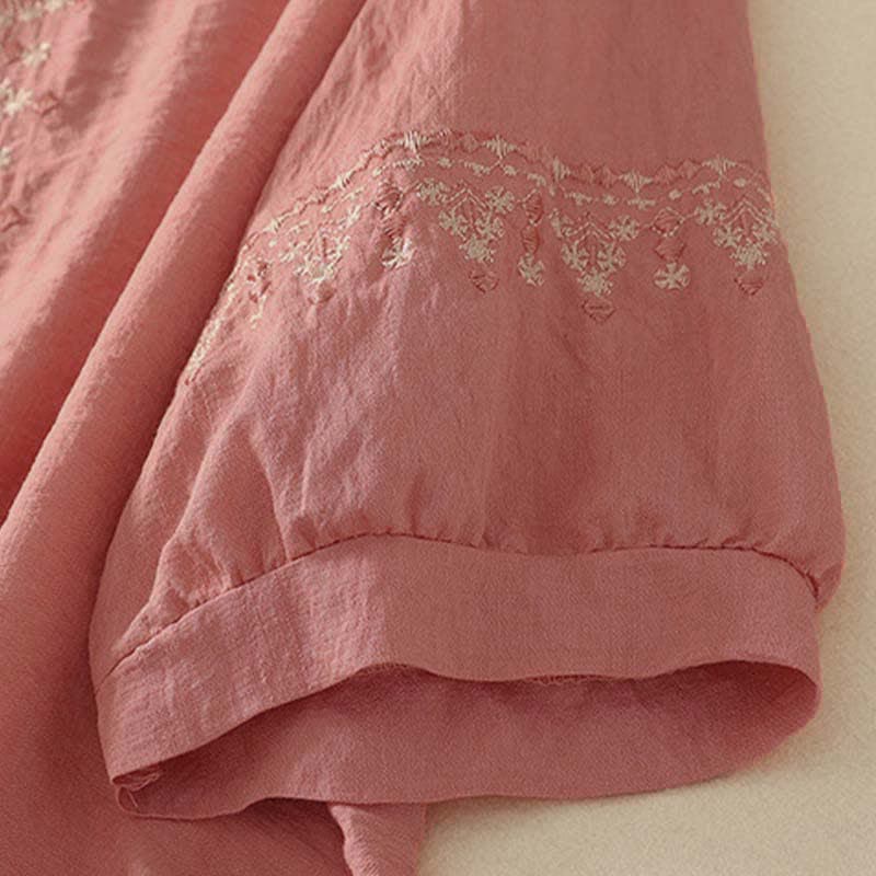 Buddha Stones Camicia da donna a maniche corte in cotone con mezzo bottone e ricami, ideale per la primavera. - image 11