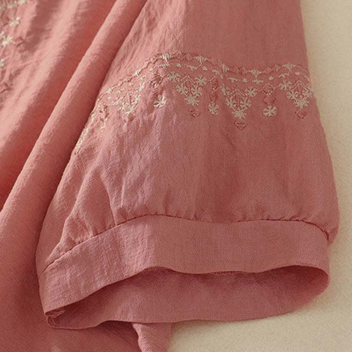 Buddha Stones Camicia da donna a maniche corte in cotone con mezzo bottone e ricami, ideale per la primavera. - image 11