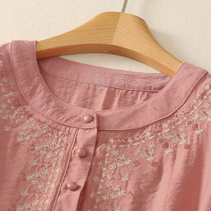 Buddha Stones Camicia da donna a maniche corte in cotone con mezzo bottone e ricami, ideale per la primavera. - image 7