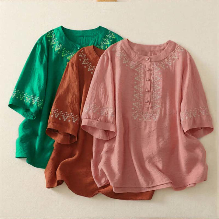Buddha Stones Camicia da donna a maniche corte in cotone con mezzo bottone e ricami, ideale per la primavera. - image 20