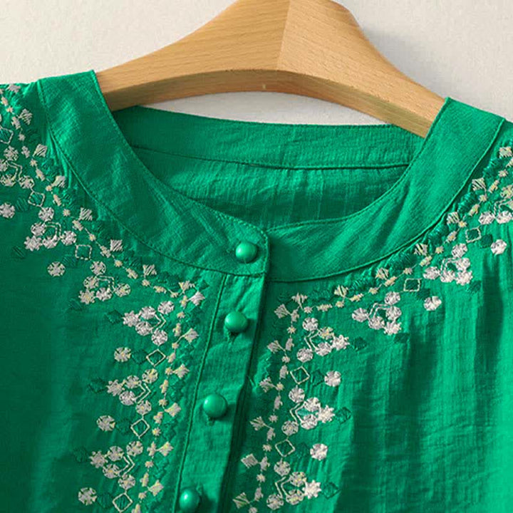 Buddha Stones Camicia da donna a maniche corte in cotone con mezzo bottone e ricami, ideale per la primavera. - image 16