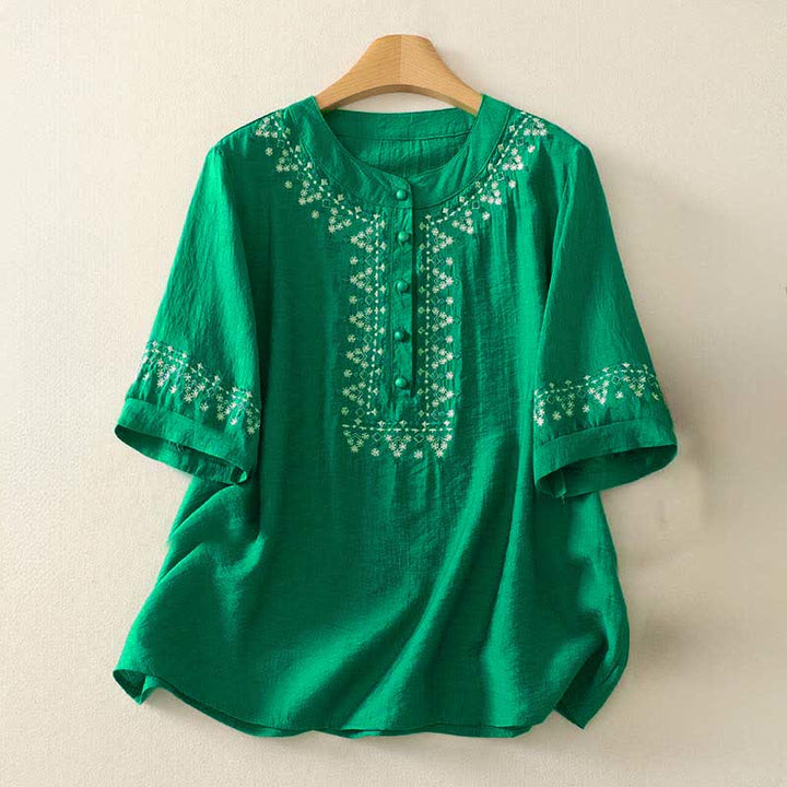 Buddha Stones Camicia da donna a maniche corte in cotone con mezzo bottone e ricami, ideale per la primavera. - Verde primavera medio - US8-10, UK/AU12-14, EU40-42 (2XL) - image 15