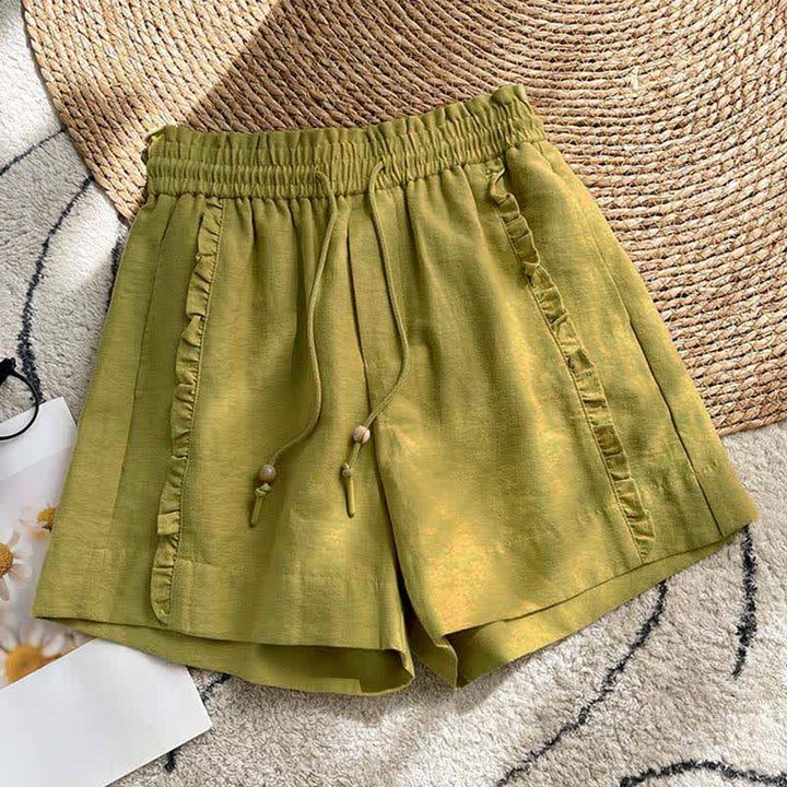 Buddha Stones Pantaloncini estivi da donna con coulisse, volant e vita elasticizzata, con tasche. - Verde oliva - US8-10, UK/AU12-14, EU40-42 (2XL) - image 0