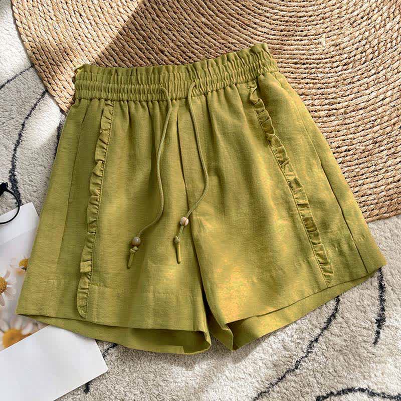 Buddha Stones Pantaloncini estivi da donna con coulisse, volant e vita elasticizzata, con tasche. - Verde oliva - US8-10, UK/AU12-14, EU40-42 (2XL) - image 0