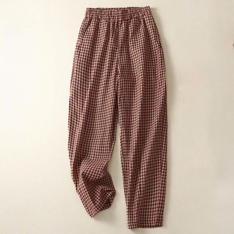 Buddha Stones Pantaloni estivi a quadri con elastico in vita e gamba affusolata da donna, corti e con tasche. - FireBrick - US8-10, UK/AU12-14, EU40-42 (2XL) - image 0