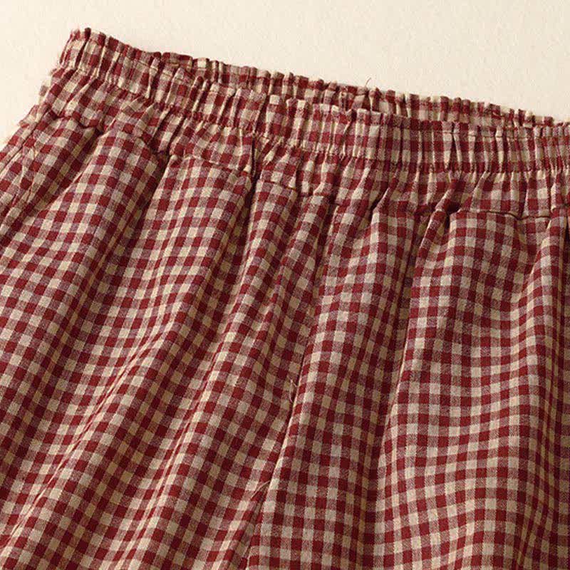 Buddha Stones Pantaloni estivi a quadri con elastico in vita e gamba affusolata da donna, corti e con tasche. - image 1