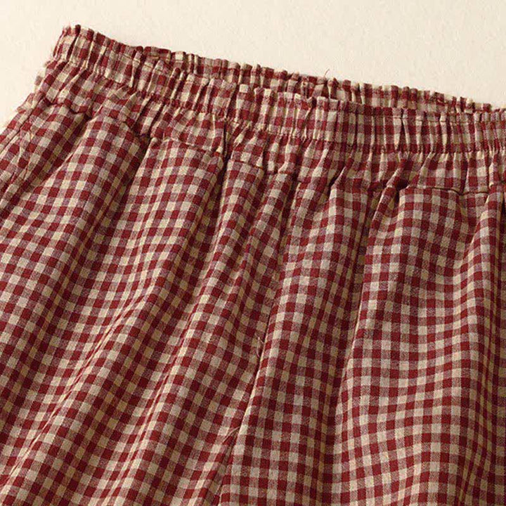 Buddha Stones Pantaloni estivi a quadri con elastico in vita e gamba affusolata da donna, corti e con tasche. - image 1