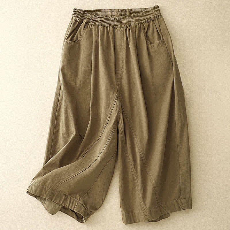 Buddha Stones Pantaloni corti da donna estivi in ​​cotone con elastico in vita e tasche. - Cachi scuro - US8-10, UK/AU12-14, EU40-42 (2XL) - image 0