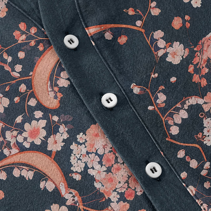 Buddha Stones Camicia da uomo Henley a maniche corte con mezza abbottonatura, rosa, in cotone e fantasia floreale. - image 3