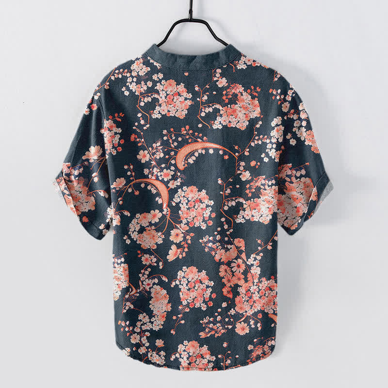 Buddha Stones Camicia da uomo Henley a maniche corte con mezza abbottonatura, rosa, in cotone e fantasia floreale. - image 1