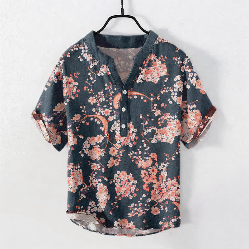 Buddha Stones Camicia da uomo Henley a maniche corte con mezza abbottonatura, rosa, in cotone e fantasia floreale. - Grigio ardesia scuro - US/UK/AU50, EU60 (5XL) - image 0