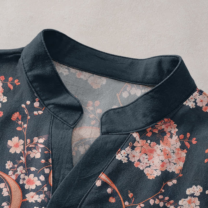 Buddha Stones Camicia da uomo Henley a maniche corte con mezza abbottonatura, rosa, in cotone e fantasia floreale. - image 2