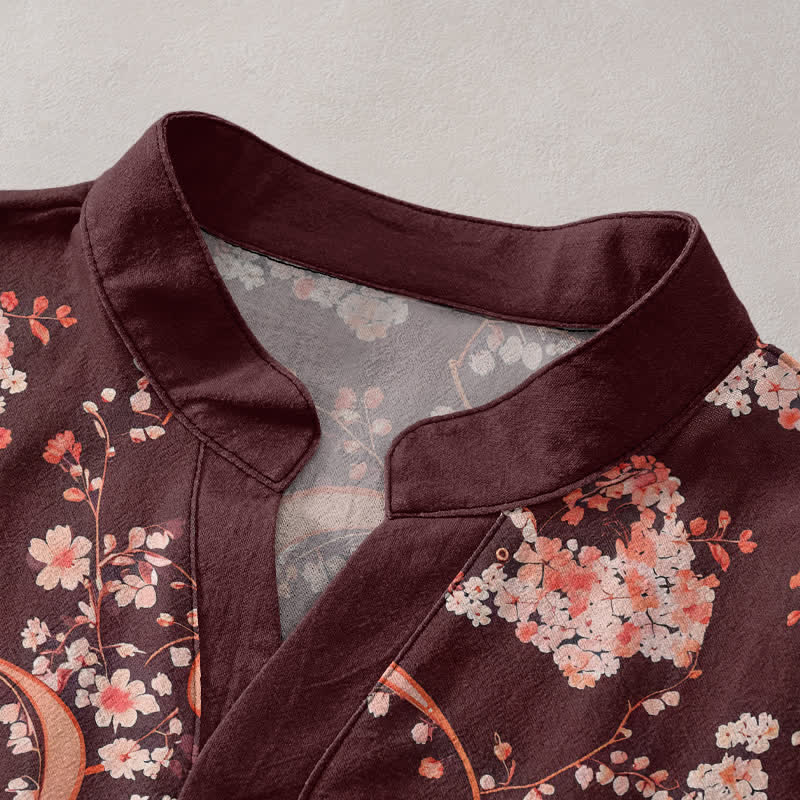 Buddha Stones Camicia da uomo Henley a maniche corte con mezza abbottonatura, rosa, in cotone e fantasia floreale. - image 7