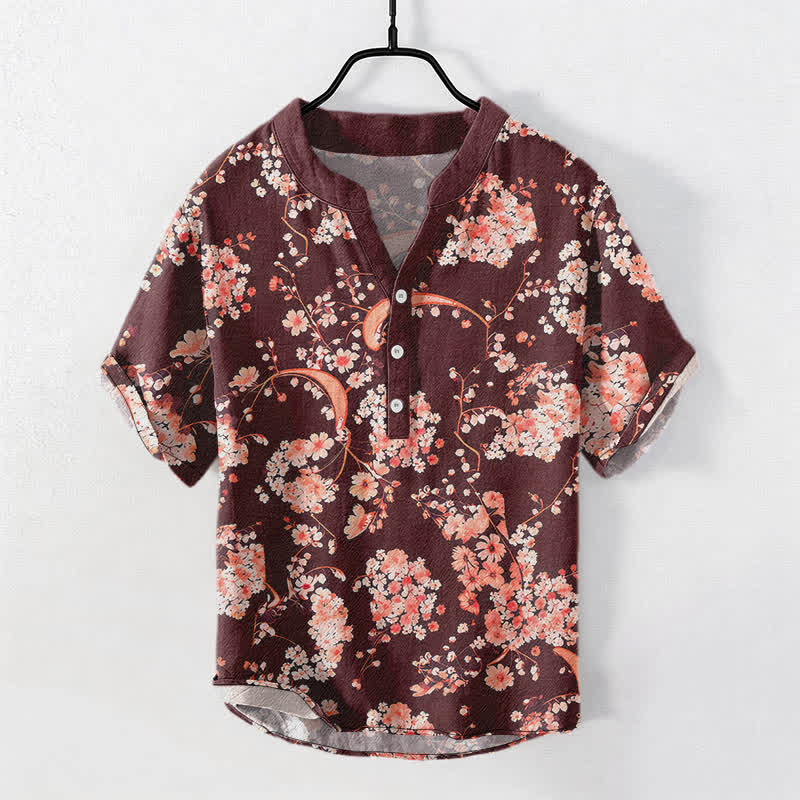 Buddha Stones Camicia da uomo Henley a maniche corte con mezza abbottonatura, rosa, in cotone e fantasia floreale. - Rosso scuro - US/UK/AU50, EU60 (5XL) - image 5
