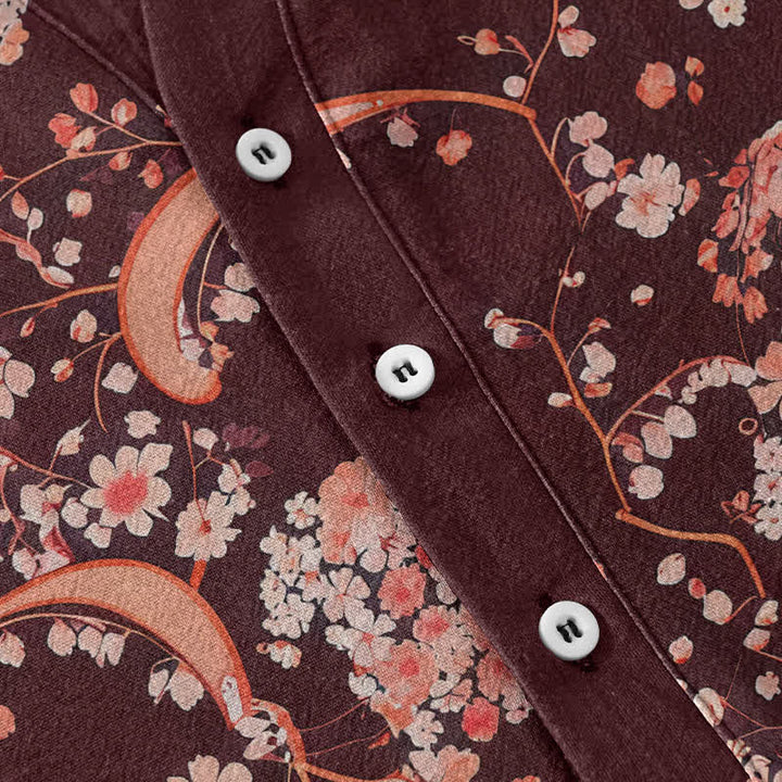 Buddha Stones Camicia da uomo Henley a maniche corte con mezza abbottonatura, rosa, in cotone e fantasia floreale. - image 8