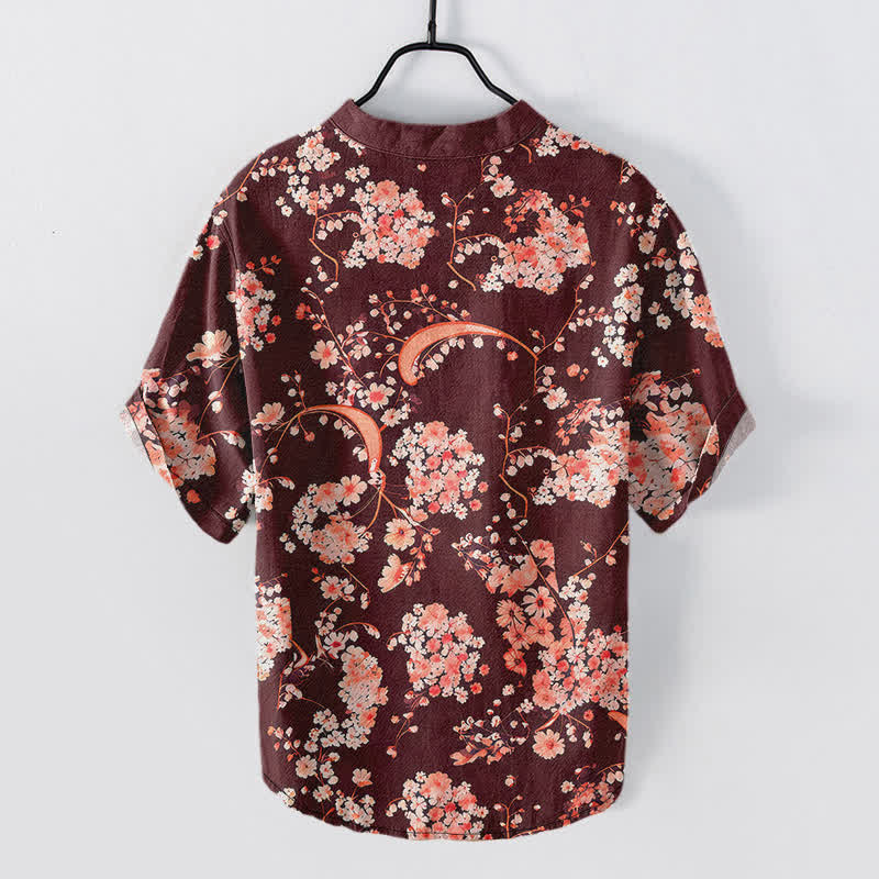 Buddha Stones Camicia da uomo Henley a maniche corte con mezza abbottonatura, rosa, in cotone e fantasia floreale. - image 6