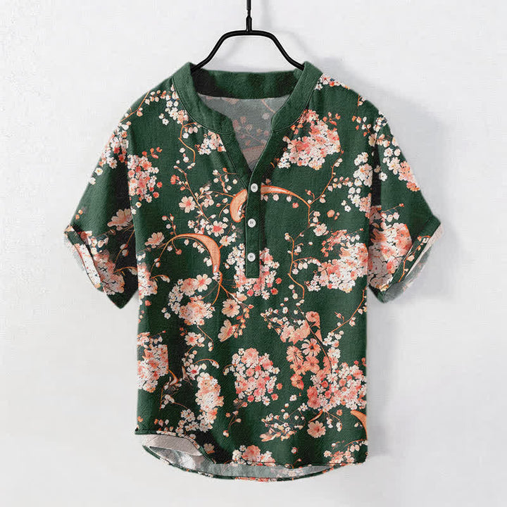 Buddha Stones Camicia da uomo Henley a maniche corte con mezza abbottonatura, rosa, in cotone e fantasia floreale. - Verde scuro - US/UK/AU50, EU60 (5XL) - image 10